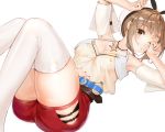  1girl ass atelier_(series) atelier_ryza bare_shoulders belt blue_belt blush breasts brown_eyes brown_hair cleavage commentary eyebrows_visible_through_hair hair_ornament hairclip hat highres jewelry kian large_breasts looking_at_viewer necklace one_eye_closed red_shorts reisalin_stout short_hair short_shorts shorts smile solo star thighhighs thighs white_headwear white_legwear 