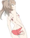  1girl adjusting_clothes adjusting_swimsuit ass back bikini blue_ribbon breasts brown_eyes butt_crack commentary_request cowboy_shot dutch_angle from_behind girls_und_panzer hair_ribbon highres light_brown_hair long_hair one_side_up pink_bikini ribbon shimada_arisu shiroobi_(whitebeltmaster) sideboob simple_background small_breasts solo standing swimsuit white_background 
