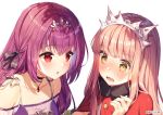  2girls alternate_costume artist_name bangs black_ribbon blunt_bangs blush buttons choker collarbone dress fate/grand_order fate_(series) fur_collar headpiece jewelry long_hair looking_at_another medb_(fate)_(all) medb_(fate/grand_order) multiple_girls necklace pink_hair purple_dress purple_hair red_eyes ribbon rosuuri scathach_(fate)_(all) scathach_skadi_(fate/grand_order) sidelocks simple_background tiara upper_body wavy_mouth white_background yellow_eyes 