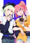  1boy 1girl aina_ardebit androgynous blue_eyes blush bubble_tea casual drinking ear_piercing green_hair hair_ornament hat highres jacket lio_fotia locked_arms moegi0926 off_shoulder open_mouth piercing pink_hair promare purple_eyes shorts side_ponytail smile 
