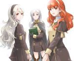  3girls book cape celica_(fire_emblem) corrin_(fire_emblem) corrin_(fire_emblem)_(female) cosplay earrings fire_emblem fire_emblem:_three_houses fire_emblem_awakening fire_emblem_echoes:_shadows_of_valentia fire_emblem_fates fire_emblem_heroes hair_between_eyes hair_ornament hairband jewelry long_hair looking_at_viewer mamkute multiple_girls pointy_ears red_eyes red_hair robaco robin_(fire_emblem) robin_(fire_emblem)_(female) school_uniform silver_hair simple_background smile tiara twintails uniform white_background 
