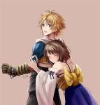  1boy 1girl blonde_hair brown_hair closed_eyes commentary_request detached_sleeves final_fantasy final_fantasy_x gloves hair_ornament hakama japanese_clothes jewelry open_mouth sasanomesi short_hair simple_background smile tidus yuna_(ff10) 