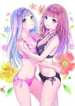  2girls aqua_eyes atelier_(series) atelier_lulua bangs bare_arms bare_shoulders bikini black_bikini blue_eyes blue_hair breasts cleavage collarbone elmerulia_fryxell eyebrows_visible_through_hair floral_background flower frilled_bikini frills halterneck hug kishida_mel leaf long_hair looking_at_viewer medium_breasts mother_and_daughter multiple_girls navel official_art open_mouth petals pink_bikini red_hair rororina_fryxell shiny shiny_hair side-tie_bikini simple_background smile stomach swimsuit thighs white_background 