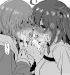  2girls after_kiss ahoge bangs blush breasts breath chaldea_uniform closed_eyes eyebrows_visible_through_hair eyes_visible_through_hair fate/grand_order fate_(series) fingers_on_another&#039;s_face fujimaru_ritsuka_(female) grabbing greyscale hair_between_eyes hair_ornament hair_over_one_eye hair_scrunchie hands_on_own_chest heart heavy_breathing holding_another&#039;s_head jacket large_breasts long_sleeves looking_at_another mash_kyrielight monochrome multiple_girls necktie one_side_up open_mouth saliva saliva_trail scrunchie shiny shiny_hair short_hair simple_background smile sweat tongue tongue_out twitter_username upper_body white_background white_jacket yukataro yuri 