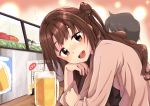  1boy 1girl absurdres alcohol arm_support bar beer beer_mug blouse blush brown_eyes brown_hair commentary_request drunk eyebrows_visible_through_hair food half_updo head_tilt highres idolmaster idolmaster_cinderella_girls long_hair looking_at_viewer nose_blush omochi_(k-on1991) one_side_up open_mouth shimamura_uzuki smile sushi 