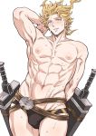  1boy abs arm_behind_back arm_behind_head belt blonde_hair blush brown_belt cowboy_shot crossed_legs granblue_fantasy highres looking_at_viewer male_focus male_swimwear nipples sheath sheathed siete simple_background smile sweat swim_briefs swimwear sword toned wadorudo weapon white_background 