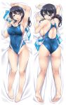  1girl arm_up armpits ass ass_visible_through_thighs backboob bangs bare_shoulders barefoot bed_sheet black_hair blue_eyes blue_swimsuit blush breasts breasts_outside cleavage collarbone commentary_request competition_swimsuit covered_navel dakimakura eyebrows_visible_through_hair from_above full_body groin hair_between_eyes hair_ornament highleg highleg_swimsuit highres large_breasts long_hair looking_at_viewer lying mizuhara_yuu multiple_views nipples on_back on_stomach one-piece_swimsuit open_mouth original ponytail pussy pussy_juice skindentation smile swimsuit swimsuit_pull thigh_gap thighs whistle whistle_around_neck 