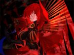  1girl bangs black_bodysuit black_gloves bodysuit breasts cape closed_mouth commentary_request elbow_gloves eyebrows_visible_through_hair fate/grand_order fate_(series) gloves hair_over_one_eye highres large_breasts long_hair looking_at_viewer oda_nobunaga_(maou_avenger)_(fate) red_cape red_eyes red_hair smile solo upper_body very_long_hair yuki_maccha_(yukimattya10) 