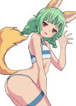  1girl absurdres animal_ear_fluff animal_ears ass bangs bare_arms bare_shoulders bikini chain character_request eyebrows_behind_hair fox_ears fox_girl fox_tail green_hair hand_up heart highres leaning_forward long_hair looking_at_viewer looking_to_the_side low_twintails nyama purple_eyes short_twintails simple_background solo striped striped_bikini swimsuit tail tail_raised tera_online thigh_strap twintails white_background 