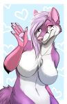  &lt;3 &lt;3_background 2018 5_fingers anthro big_breasts blue_background blue_eyes breasts canid canine cheek_tuft chest_tuft eyebrows eyelashes featureless_breasts female finger_claws fingers fox fur hair heterochromia hi_res looking_at_viewer mammal navel nude pink_eyes pink_nose purple_fur purple_hair simple_background smile solo tuft white_belly white_breasts white_fur yoko_(yoko_darkpaw) yoko_darkpaw 