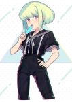  1boy black_gloves blonde_hair blush earrings food gloves green_hair highres jewelry karokuchitose lio_fotia looking_at_viewer male_focus open_mouth popsicle promare purple_eyes sailor_collar sailor_shirt shirt solo 