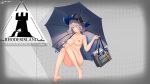  1girl absurdres arknights bangs blue_nails breasts chinese_commentary commentary_request dotted_background feater_(arknights) full_body grey_background grey_hair hair_over_one_eye hat highres holding holding_handbag holding_umbrella knee_up konishi_(565112307) large_breasts logo long_hair nipples nude pussy silver_hair simple_background smile solo umbrella uncensored yellow_eyes 