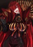  1girl :d black_gloves bodysuit breasts cape fate/grand_order fate_(series) gloves hair_over_one_eye highres k_jin large_breasts long_hair looking_at_viewer oda_nobunaga_(maou_avenger)_(fate) open_mouth red_eyes red_hair sketch smile solo teeth very_long_hair 