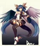  1girl alder asymmetrical_wings bangs belt black_legwear black_panties blue_hair boots breasts character_name commentary_request dizzy feathered_wings full_body gradient gradient_background guilty_gear hair_between_eyes hair_ribbon hair_rings highres long_hair long_sleeves looking_at_viewer medium_breasts panties red_eyes ribbon simple_background smile solo tail tail_ribbon touhou twintails underwear very_long_hair white_footwear wide_sleeves wings yellow_ribbon 