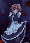  1girl abe_inori ahoge alternate_costume apron black_legwear black_shirt black_skirt blood blood_splatter bow bowtie breasts dress_shirt enmaided eyebrows_visible_through_hair fate/grand_order fate_(series) frilled_apron frilled_skirt frills hair_between_eyes hair_ornament hair_scrunchie indoors large_breasts looking_at_viewer maid mash_kyrielight medium_hair medium_skirt orange_hair pantyhose red_bow red_neckwear scrunchie shiny shiny_hair shiny_legwear shirt side_ponytail skirt skirt_hold solo standing twitter_username white_apron white_scrunchie yellow_eyes 