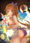  1girl alcohol apron ass bangs beer beer_mug bikini blurry blurry_background blush bow breasts brown_hair cowboy_shot cup day eyebrows_visible_through_hair from_side girls_frontline green_eyes hair_between_eyes hair_bow hair_ribbon hair_rings highres holding holding_cup indoors kodama_(koda_mat) large_breasts long_hair looking_at_viewer m1903_springfield_(girls_frontline) ponytail purple_bikini purple_bow ribbon sideboob sidelocks skindentation smile solo sunlight sweat swimsuit thighs twisted_torso 