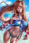  1girl animal_ear_fluff animal_ears bangs beach bikini blue_bikini blue_sky blush breasts brown_hair cleavage cloud commentary_request day english_commentary eyebrows_visible_through_hair floating_hair flower hair_flower hair_ornament hand_on_own_chest long_hair looking_at_viewer low-tied_long_hair low_twintails navel olga_solovian outdoors raccoon_ears raccoon_girl raccoon_tail raphtalia red_eyes sidelocks sky slave_tattoo smile solo stomach swimsuit tail tate_no_yuusha_no_nariagari tattoo twintails very_long_hair wading 
