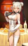  1girl :d absurdres bare_shoulders blush bottle bowl breasts chicken_(food) china_dress chinese_clothes chopsticks covered_nipples double_bun dress elbow_gloves fan floral_print food gloves hair_between_eyes hair_ornament highres kkamja looking_at_viewer open_mouth original paid_reward panties patreon_reward platinum_blonde_hair sideboob single_thighhigh smile solo table teeth thighhighs underwear white_gloves white_legwear white_panties yellow_eyes 