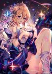  1girl ass bangs bare_shoulders blonde_hair blue_eyes blue_ribbon blush breasts cleavage constellation dress europa_(granblue_fantasy) flower granblue_fantasy hair_between_eyes hair_flower hair_ornament highres homaderi knees_up large_breasts looking_at_viewer parted_lips ribbon short_dress short_hair smile solo sparkle star_(sky) thighs tiara white_dress 