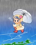  1girl ?? black_eyes blush_stickers boots child commentary_request eyebrows_behind_hair grey_hair grey_sky holding holding_umbrella hood hood_up lee_(colt) long_sleeves motion_lines original outdoors rain raincoat rubber_boots solo tareme typhoon umbrella walking white_umbrella 