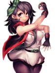  bare_shoulders belt black_gloves black_hair bow breasts brown_eyes covered_nipples fingerless_gloves fumio_(rsqkr) gloves green_bow hair_bow highres looking_at_viewer medium_breasts pantyhose poke_ball poke_ball_(generic) pokemon simple_background skirt smile thighs white_background wide_hips 