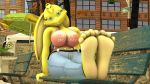  16:9 3d_(artwork) 4_toes anthro big_breasts breasts buckteeth cleavage clothed clothing digital_media_(artwork) english_text female foot_focus fully_clothed fur green_eyes hi_res jenn_(zp92) lagomorph leporid looking_at_viewer mammal rabbit solo teeth text toes yellow_fur zp92 