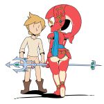  1boy 1girl anthro ass barefoot blonde_hair boots bottomless breath_of_the_wild butt fish from_behind hair highres holding holding_weapon jewelry link looking_at_another mipha miscon nintendo open_mouth orange_eyes penis penis_out shirt smile the_legend_of_zelda the_legend_of_zelda:_breath_of_the_wild trident uncensored 