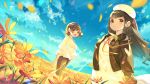  2girls :d beret blue_sky blush brown_eyes brown_hair brown_jacket brown_shorts closed_mouth cloud cloudy_sky commentary_request day dress dutch_angle field floating_hair flower flower_field hat highres hood hood_down hooded_jacket ikari_(aor3507) jacket long_hair long_sleeves multiple_girls neck_ribbon open_clothes open_jacket open_mouth original outdoors petals red_ribbon ribbon shorts sky smile standing very_long_hair white_dress white_headwear wind yellow_flower 