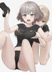  2girls anouetto artoria_pendragon_(all) bangs bare_legs black_panties black_shirt blonde_hair blush breast_envy breast_grab closed_mouth commentary_request eyebrows_visible_through_hair eyes_visible_through_hair fate/grand_order fate_(series) grabbing grabbing_from_behind grey_background hands_up highres holding_controller jeanne_d&#039;arc_(alter)_(fate) jeanne_d&#039;arc_(fate)_(all) kneeling legs_apart midriff multiple_girls navel no_pants panties playstation_controller print_shirt revision saber_alter shirt short_hair short_sleeves silver_hair simple_background sitting t-shirt underwear yellow_eyes yuri 