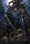  armor fate/grand_order fate_(series) full_armor glowing glowing_eyes helmet horned_helmet king_hassan_(fate/grand_order) male_focus pauldrons pile_of_skulls shousuke_(skirge) sitting skull_mask sword throne weapon 