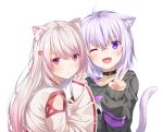  2girls ;d ahoge animal_ear_fluff animal_ears black_sweater blush cat_ears cat_tail collar fang hair_between_eyes hair_ornament hairclip hand_up highres hololive japanese_clothes kemonomimi_mode kimono lavender_hair long_hair long_sleeves looking_at_viewer miko multiple_girls nekomata_okayu nijisanji one_eye_closed open_mouth parted_lips purple_eyes red_eyes shiina_yuika short_hair simple_background smile sweater tail upper_body v virtual_youtuber white_background white_hair white_kimono wide_sleeves yuuri_nayuta 