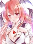  1girl bangs black_bra black_vest blush bra collarbone commentary_request demon_wings eyebrows_visible_through_hair food fruit hair_between_eyes hands_on_own_chest happy_birthday head_wings juliet_sleeves koakuma long_hair long_sleeves looking_at_viewer natsuki_(ukiwakudasai) puffy_sleeves red_eyes red_hair shirt simple_background sketch smile solo strawberry touhou underwear upper_body vest whipped_cream white_background white_shirt wing_collar wings 