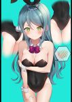  1girl 3: @_@ absurdres animal_ears aqua_background ass ass_visible_through_thighs bang_dream! bangs black_leotard blue_hair blush bow bowtie breasts bunny_ears bunny_tail bunnysuit cleavage closed_mouth collarbone covered_navel cropped_legs detached_collar embarrassed fake_animal_ears fake_tail green_eyes hand_on_own_thigh highres hikawa_sayo leotard long_hair medium_breasts mia_(fai1510) multiple_views pillarboxed purple_bow purple_neckwear simple_background speech_bubble spoken_blush strapless strapless_leotard swept_bangs tail thigh_gap thighs wrist_cuffs 