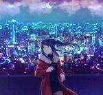  1girl black_hair black_legwear cigarette city cloud coat crescent_moon fur_trim jill_stingray long_hair moon necktie night outdoors pantyhose pencil_skirt red_eyes skirt solo turtleneck twintails uniform va-11_hall-a winter_clothes winter_coat y_(35504109) 