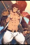 1boy abs bara beard blue_eyes brown_hair chest commentary_request epaulettes facial_hair fate/grand_order fate_(series) highres huge_weapon jacket_pull long_sleeves looking_at_viewer male_focus mao_ten_go muscle napoleon_bonaparte_(fate/grand_order) pants pectorals scar smile solo thick_thighs thighs uniform weapon 