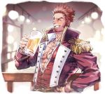  1boy abs beard beer_mug belt blush brown_hair chest cup epaulettes facial_hair fate/grand_order fate_(series) hamitamako hand_on_hip holding holding_cup jacket long_sleeves male_focus muscle napoleon_bonaparte_(fate/grand_order) open_clothes open_jacket pectorals scar smile solo teeth uniform 