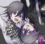  1boy black_hair black_jacket cellphone checkered checkered_scarf commentary_request danganronpa fanta hair_between_eyes highres holding huyuharu0214 jacket long_sleeves looking_at_viewer male_focus multiple_views new_danganronpa_v3 open_mouth ouma_kokichi phone purple_eyes purple_hair scarf school_uniform shirt short_hair smartphone smile straitjacket upper_teeth 