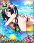  1girl ass bikini black_hair blush breasts card_(medium) character_name chess_piece day embarrassed flower hair_flower hair_ornament hair_ribbon high_school_dxd high_school_dxd_born king_(chess) large_breasts long_hair looking_at_viewer official_art parted_lips pink_eyes purple_bikini ribbon sarong serafall_leviathan solo swimsuit thighs torn_bikini torn_clothes trading_card twintails very_long_hair water 