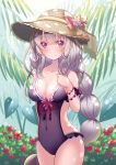  1girl blush bow bracelet braid breasts cleavage closed_mouth collarbone covered_navel cowboy_shot dappled_sunlight flower flower_knight_girl grey_hair hat hat_bow hototogisu_(flower_knight_girl) jewelry kusumoto_miya large_breasts leaf long_hair looking_at_viewer neck pink_bow purple_eyes purple_swimsuit smile solo standing sun_hat sunlight swimsuit tree 