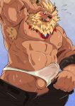  2019 anthro araiguma_11 armpit_hair balls blue_eyes blush bodily_fluids bottomwear bulge clothing digimon digimon_(species) erection felid humanoid_hands leomon male mammal nipples pants pecs penis simple_background solo sweat underwear 