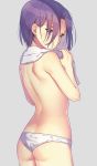  1girl absurdres ass back bangs bare_arms bare_shoulders closed_mouth cowboy_shot grey_background hand_up highres holding holding_towel ichiren_namiro looking_at_viewer looking_back panties parted_bangs princess_connect! princess_connect!_re:dive purple_eyes purple_hair shirogane_jun short_hair shoulder_blades simple_background solo standing topless towel underwear white_panties 