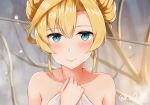  1girl abukuma_(kantai_collection) bangs blonde_hair blush closed_mouth commentary_request double_bun hair_between_eyes holding holding_towel ka_tsumi kantai_collection long_hair looking_at_viewer naked_towel onsen smile solo tareme towel twitter_username upper_body wet 