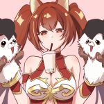  1girl animal animal_ears bare_shoulders breasts bubble_tea bubble_tea_challenge cerberus_(shingeki_no_bahamut) cleavage commentary_request cygames dog dog_ears dragalia_lost eyebrows_visible_through_hair highres holding holding_animal large_breasts long_hair looking_at_viewer paws pink_background puppy red_eyes red_hair simple_background twintails white_rice_(artist) 