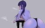  1girl ass back bent_over black_panties blush breasts cigarette jill_stingray long_hair looking_at_viewer panties purple_eyes purple_hair smoking solo stool ten_cws topless twintails underwear underwear_only va-11_hall-a 