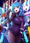  1girl 2boys :d absurdres android aqua_hair blue_hair breasts brown_hair electric_guitar glowstick guitar highres huge_filesize instrument kira_miki long_hair microphone mr.lime multiple_boys navel open_mouth smile teeth va-11_hall-a 