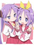  2girls blush closed_mouth double_v eyebrows_visible_through_hair hairband hand_on_hip hiiragi_kagami hiiragi_tsukasa ixy long_hair looking_at_viewer lucky_star multiple_girls open_mouth pink_neckwear pleated_skirt purple_eyes purple_hair red_sailor_collar red_skirt ryouou_school_uniform sailor_collar school_uniform serafuku short_hair siblings sisters skirt smile twintails v yellow_hairband 