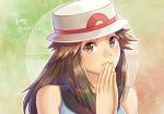  1girl blue_(pokemon) blue_shirt brown_eyes brown_hair closed_mouth hat long_hair looking_at_viewer ooki1089 pokemon pokemon_(game) pokemon_frlg portrait shiny shiny_hair shirt sleeveless sleeveless_shirt smile solo twitter_username upper_body white_headwear 