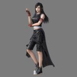  1girl 3d absurdres alternate_costume armband bangs black_hair black_vest breasts crop_top dissidia_final_fantasy_nt earrings final_fantasy final_fantasy_vii final_fantasy_vii_advent_children fingerless_gloves full_body gloves grey_background highres jewelry large_breasts long_hair looking_at_viewer midriff official_art red_eyes red_gloves smile solo tank_top tifa_lockhart vest 