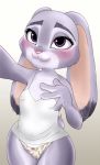  4_fingers :3 anthro areola blush breasts camel_toe clothed clothing disney eyelashes female fingers fur judy_hopps lagomorph leporid mammal navel nipples orca_(artist) panties purple_eyes rabbit simple_background small_breasts smile solo translucent translucent_clothing underwear white_background zootopia 