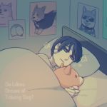  1boy android bed black_eyes black_hair comforter deal_(va-11_hall-a) do_androids_dream_of_electric_sheep? lying male_focus on_side poster_(object) solo stuffed_animal stuffed_toy va-11_hall-a welsh_corgi y_(35504109) 
